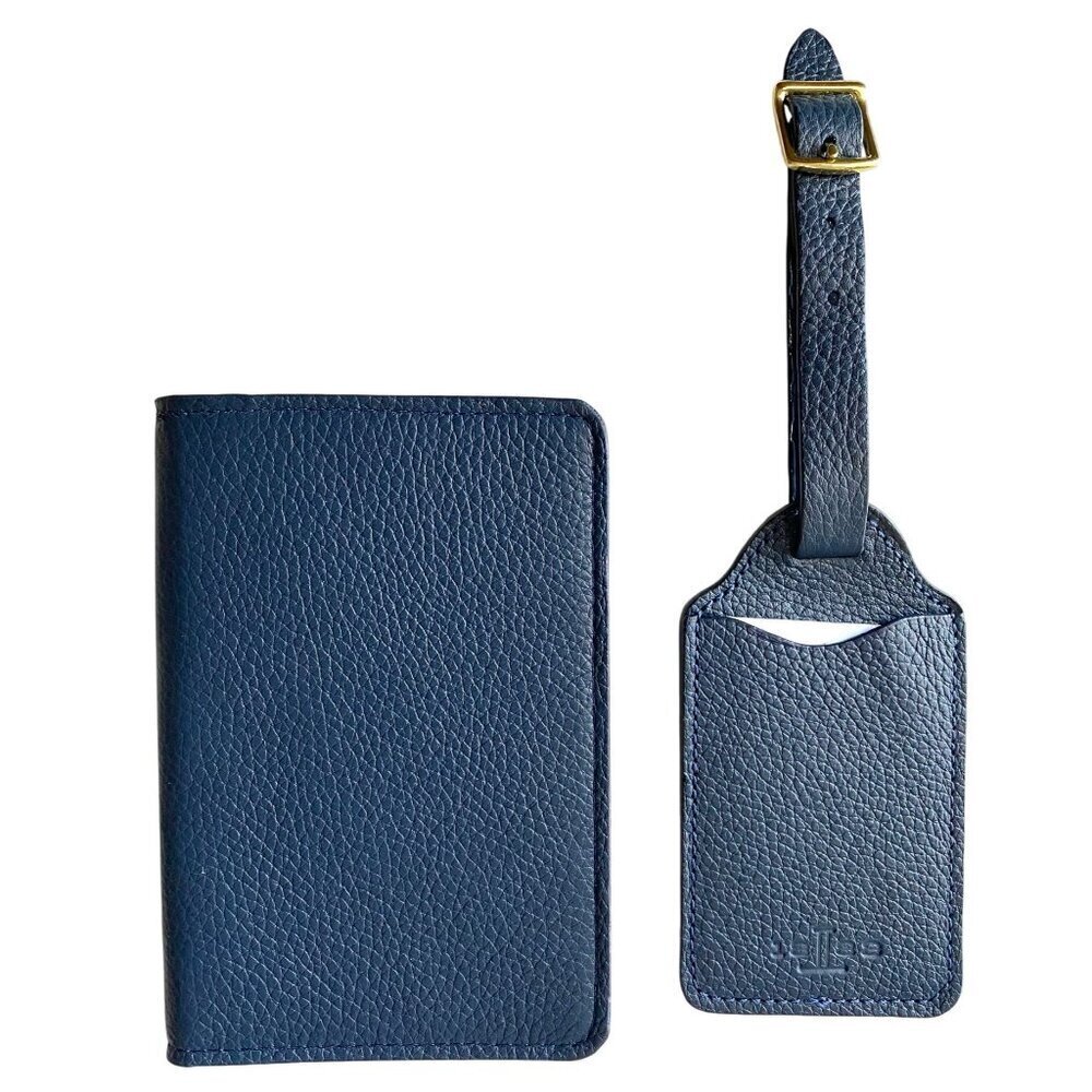 Lucchese Leather Passport Holder + Luggage Tag Set Navy Blue‎